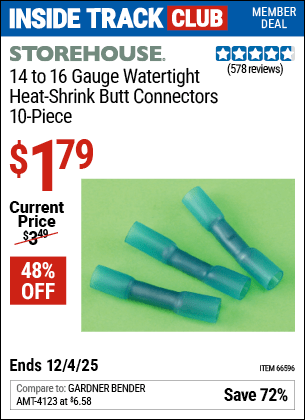 Harbor Freight Coupons, HF Coupons, 20% off - STOREHOUSE 14-16 Gauge Watertight Heat-Shrink Butt Connectors, 10-Piece for $2