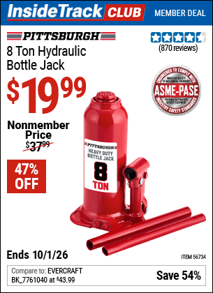 Harbor Freight Coupons, HF Coupons, 20% off - PITTSBURGH 8 Ton Hydraulic Bottle Jack 