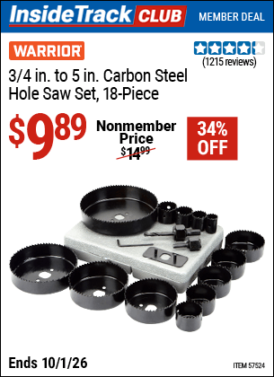 Harbor Freight Coupons, HF Coupons, 20% off - 3/4 in. - 5 in. Carbon Steel Hole Saw Set, 18 Pc.