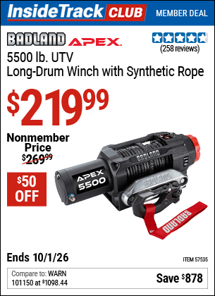 Harbor Freight Coupons, HF Coupons, 20% off - BADLAND APEX 5500 lb. UTV Long Drum Winch with Synthetic Rope for $249.99