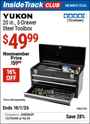 Harbor Freight Coupons, HF Coupons, 20% off - YUKON 20 in. 3 Drawer Steel Toolbox for $49.99