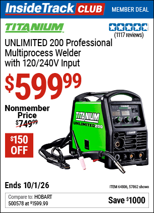 Harbor Freight Coupons, HF Coupons, 20% off - TITANIUM Unlimited 200 Professional Multiprocess Welder with 120/240 Volt Input for $699.99
