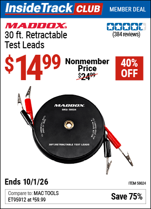Harbor Freight Coupons, HF Coupons, 20% off - MADDOX 30 ft. Retractable Test Leads for $14.99
