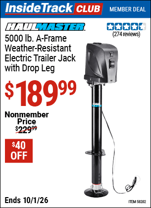 Harbor Freight Coupons, HF Coupons, 20% off - HAUL-MASTER 5000 lb. A-Frame Weather Resistant Electric Trailer Jack with Drop Leg for $199.99
