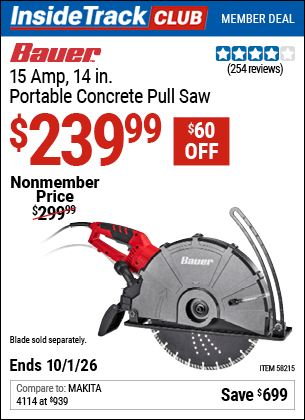 Harbor Freight Coupons, HF Coupons, 20% off - BAUER 15 Amp, 14 in. Portable Concrete Pull Saw for $229.99