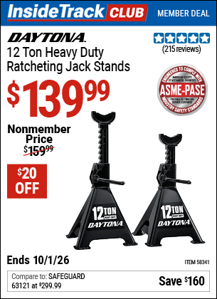 Harbor Freight Coupons, HF Coupons, 20% off - DAYTONA 12 Ton Heavy Duty Ratcheting Jack Stands, Black for $129.99