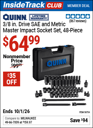 Harbor Freight Coupons, HF Coupons, 20% off - QUINN 3/8 in. Drive SAE & Metric Master Impact Socket Set, 48 Piece for $79.99