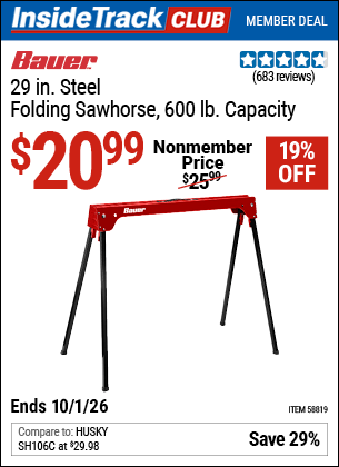 Harbor Freight Coupons, HF Coupons, 20% off - BAUER 600 lb. Capacity Folding Steel Sawhorse 