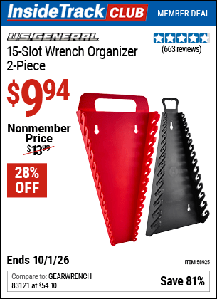 Harbor Freight Coupons, HF Coupons, 20% off - U.S. GENERAL 15 Slot Wrench Organizer, 2 Pc. for $9.99