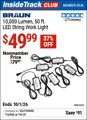 Harbor Freight Coupons, HF Coupons, 20% off - BRAUN 10 -000 Lumen 50 ft. LED String Work Light for $52.99