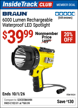 Harbor Freight Coupons, HF Coupons, 20% off - BRAUN 6000 Lumen Rechargeable Waterpoof LED Spotlight for $42.99