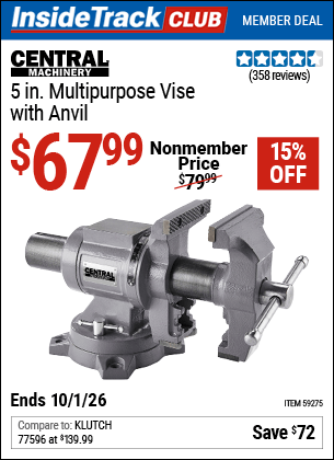 Harbor Freight Coupons, HF Coupons, 20% off - CENTRAL MACHINERY 5 in. Multi-Purpose Vise with Anvil for $64.99