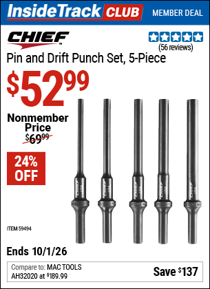 Harbor Freight Coupons, HF Coupons, 20% off - CHIEF Pin and Drift Punch Set, 5 Piece for $59.99