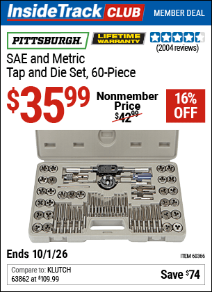 Harbor Freight Coupons, HF Coupons, 20% off - 60 Piece Sae And Metric Tap And Die Set