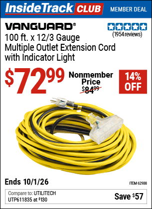 Harbor Freight Coupons, HF Coupons, 20% off - 100 ft. x 12 Gauge Multi-Outlet Extension Cord with Indicator Light