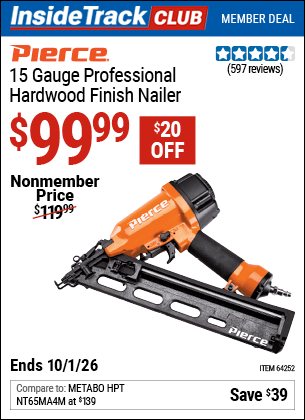 Harbor Freight Coupons, HF Coupons, 20% off - Pierce 15 Gauge Finish Nailer