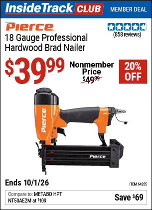 Harbor Freight Coupons, HF Coupons, 20% off - Pierce 18 Gauge Brad Nailer