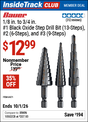 Harbor Freight Coupons, HF Coupons, 20% off - 3 Piece M2 Steel Black Oxide Step Bits