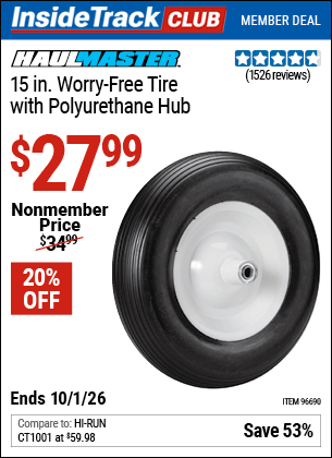 Harbor Freight Coupons, HF Coupons, 20% off - 15 in. Worry Free Tire with Polyurethane Hub