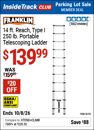 Harbor Freight Coupons, HF Coupons, 20% off - FRANKLIN Portable 14 Ft. Telescoping Ladder for $99.99