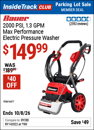 Harbor Freight Coupons, HF Coupons, 20% off - BAUER 2000 PSI Max Performance Electric Pressure Washer for $159.99