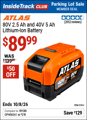 Harbor Freight Coupons, HF Coupons, 20% off - ATLAS 80V 2.5 Ah 40V 5.0Ah Lithium-Ion Battery for $119.99