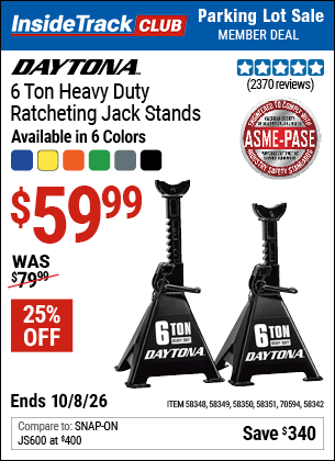 Harbor Freight Coupons, HF Coupons, 20% off - DAYTONA 6 Ton Heavy Duty Ratcheting Jack Stands for $59.99
