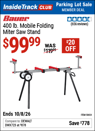 Harbor Freight Coupons, HF Coupons, 20% off - BAUER 400 lb. Mobile Folding Miter Saw Stand for $99.99
