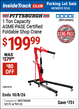 Harbor Freight Coupons, HF Coupons, 20% off - PITTSBURGH 1 Ton Capacity Foldable Shop Crane for $239.99