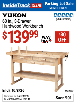 Harbor Freight Coupons, HF Coupons, 20% off - YUKON 60 in. 3-Drawer Hardwood Workbench for $139.99