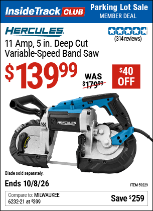 Harbor Freight Coupons, HF Coupons, 20% off - HERCULES 11 Amp, 5 in. Deep Cut Variable-Speed Band Saw for $129.99