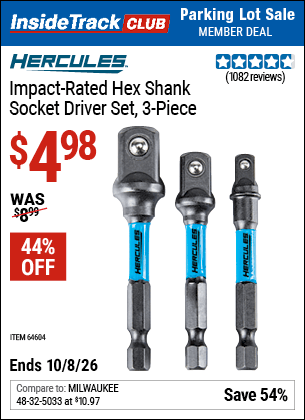 Harbor Freight Coupons, HF Coupons, 20% off - Hercules 3 Piece Impact Rated Hex Drill Socket Driver Set