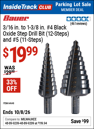 Harbor Freight Coupons, HF Coupons, 20% off - 2 Piece Black Oxide Coated M2 Steel High Speed Step Bits