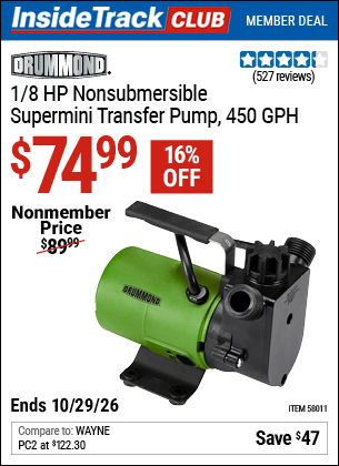 Harbor Freight Coupons, HF Coupons, 20% off - 1/8  HP Non-Submersible Super Mini Transfer Pump 450 GPH
