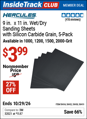 Harbor Freight Coupons, HF Coupons, 20% off - HERCULES 9 in. x 11 in. 1000 Grit Wet/Dry Sanding Sheets with Aluminum oxide Grain, 5-Pack for $2.99