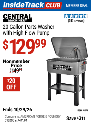 Harbor Freight Coupons, HF Coupons, 20% off - CENTRAL MACHINERY 20 gallon Parts Washer with High Flow Pump 