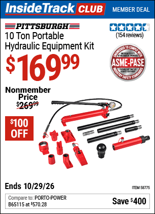 Harbor Freight Coupons, HF Coupons, 20% off - PITTSBURGH 10 Ton Portable Hydraulic Equipment Kit 