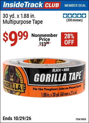 Harbor Freight Coupons, HF Coupons, 20% off - GORILLA 30 yd. x 1.75 in. Multipurpose Tape for $9.99