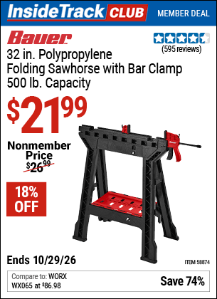 Harbor Freight Coupons, HF Coupons, 20% off - BAUER 32 in. Polypropylene Folding Sawhorse with Bar Clamp, 500 lb. Capacity for $24.99