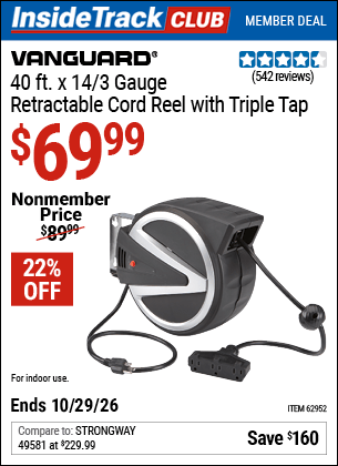 Harbor Freight Coupons, HF Coupons, 20% off - VANGUARD 40 ft. Retractable Cord Reel with Triple Tap for $64.99