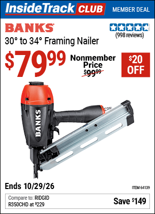 Harbor Freight Coupons, HF Coupons, 20% off - Banks 30'-34' Framing Nailer