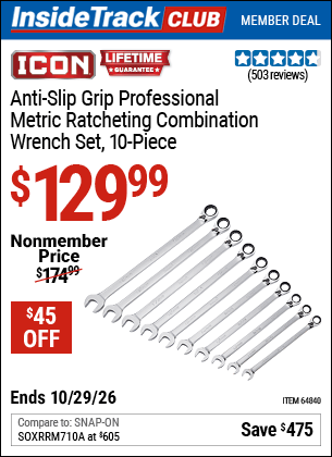 Harbor Freight Coupons, HF Coupons, 20% off - ICON 10 Pc Metric Professional Ratcheting Combination Wrench Set with Anti-Slip Grip for $124.99
