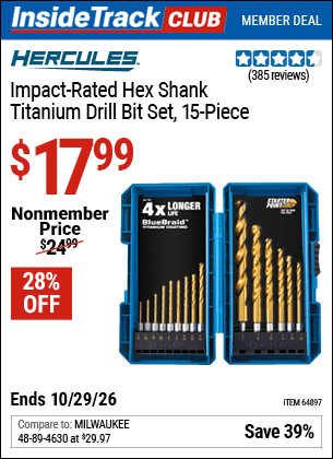 Harbor Freight Coupons, HF Coupons, 20% off - Hercules 15 Piece Impact Rated Hex Shank Titanium Drill Bit Set
