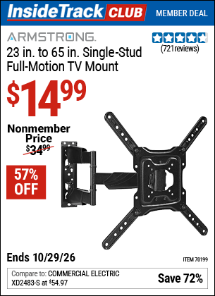 Harbor Freight Coupons, HF Coupons, 20% off - ARMSTRONG 23 in. to 65 in. Single-Stud Full-Motion TV Mount for $29.99