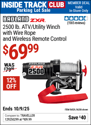 Harbor Freight Coupons, HF Coupons, 20% off - BADLAND 2500 Lb. ATV/Utility Electric Winch With Wireless Remote Control for $79.99