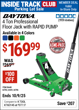 Harbor Freight Coupons, HF Coupons, 20% off - DAYTONA 4 Ton Professional Rapid Pump Floor Jack for $159.99