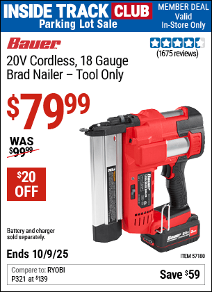Harbor Freight Coupons, HF Coupons, 20% off - BAUER 20v Cordless 18 Gauge Brad Nailer for $79.99