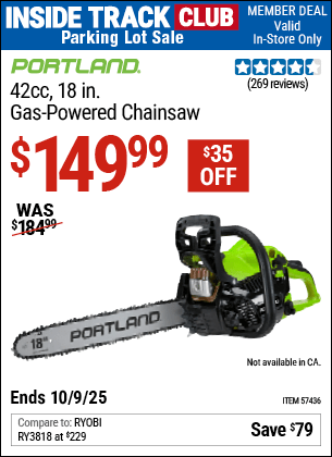 Harbor Freight Coupons, HF Coupons, 20% off - PORTLAND 42cc, 18 in. Gas-Powered Chainsaw for $129.99