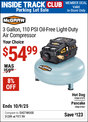 Harbor Freight Coupons, HF Coupons, 20% off - 3 Gallon 1/3 HP 110 PSI Oil-Free Pancake Air Compressor