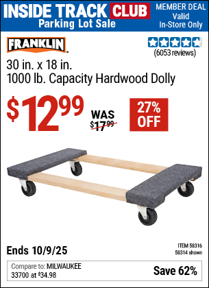 Harbor Freight Coupons, HF Coupons, 20% off - FRANKLIN 30 in. x 19 in. 1000 lb. Capacity Hardwood Dolly 